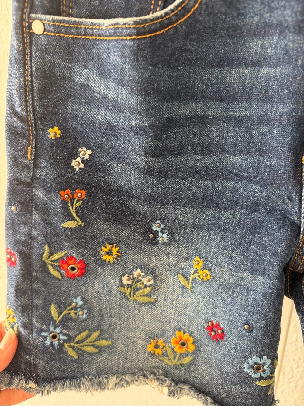 DRIFTWOOD Dark Blue Embroidered Floral Denim Shorts - Picture 3 of 7